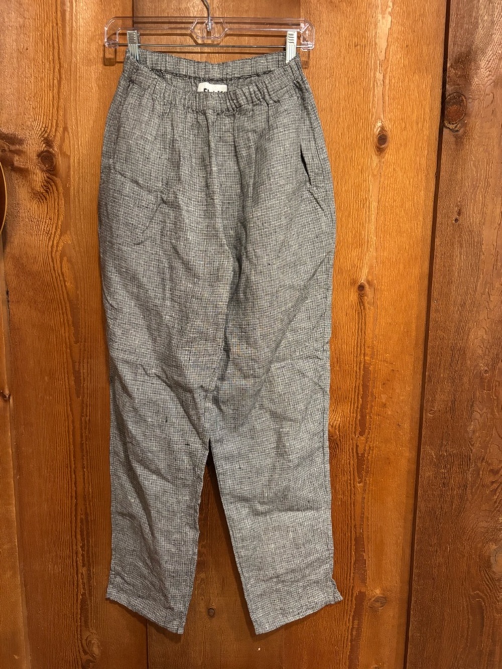 FLAX 100% Linen Black White Crosshatch Woven Elastic Waist Pocket Pants Small